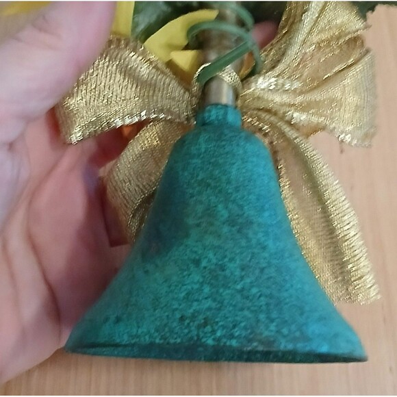 Rustic Metal Blue Ringing Bell with Sunflower Gold Bow Country Farmhouse Decor - Picture 6 of 11